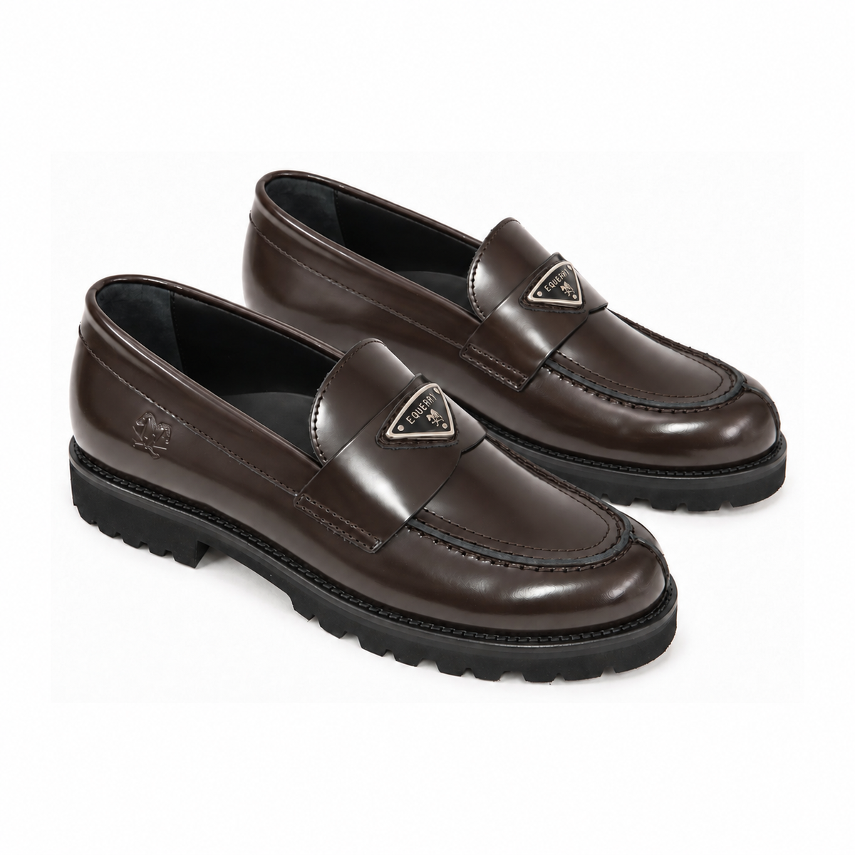 Brown Polished Leather Girls Dress Loafers with matching triangle ornaments