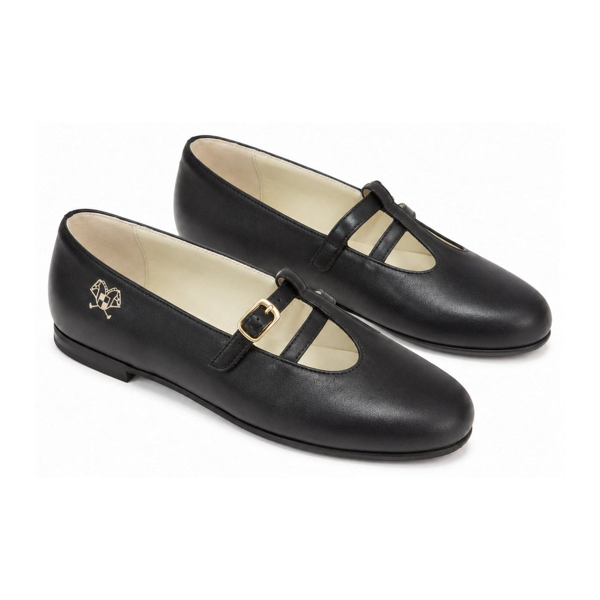 Black Leather T-Strap Shoe for Teens