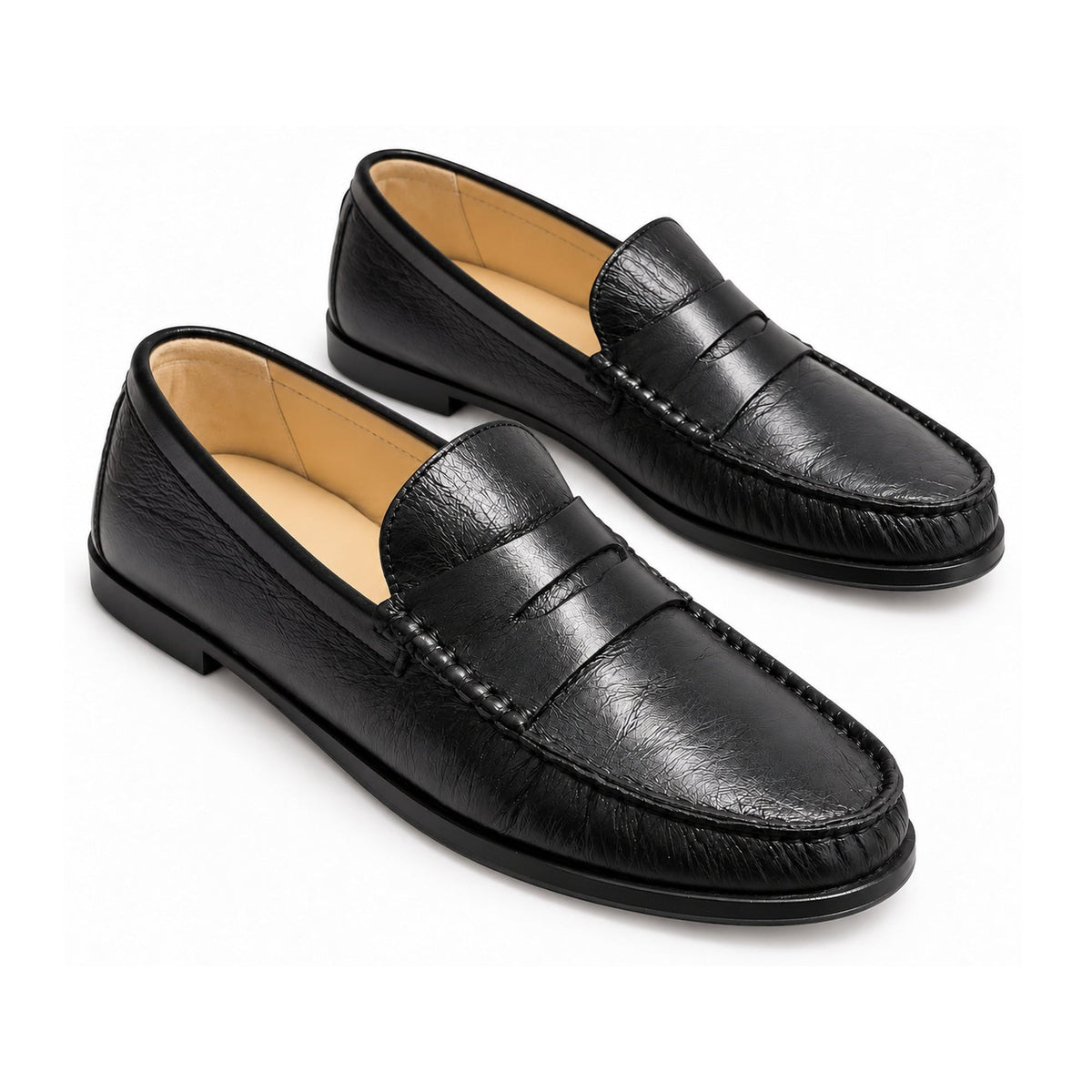 Black Leather Ladies Loafers Heel